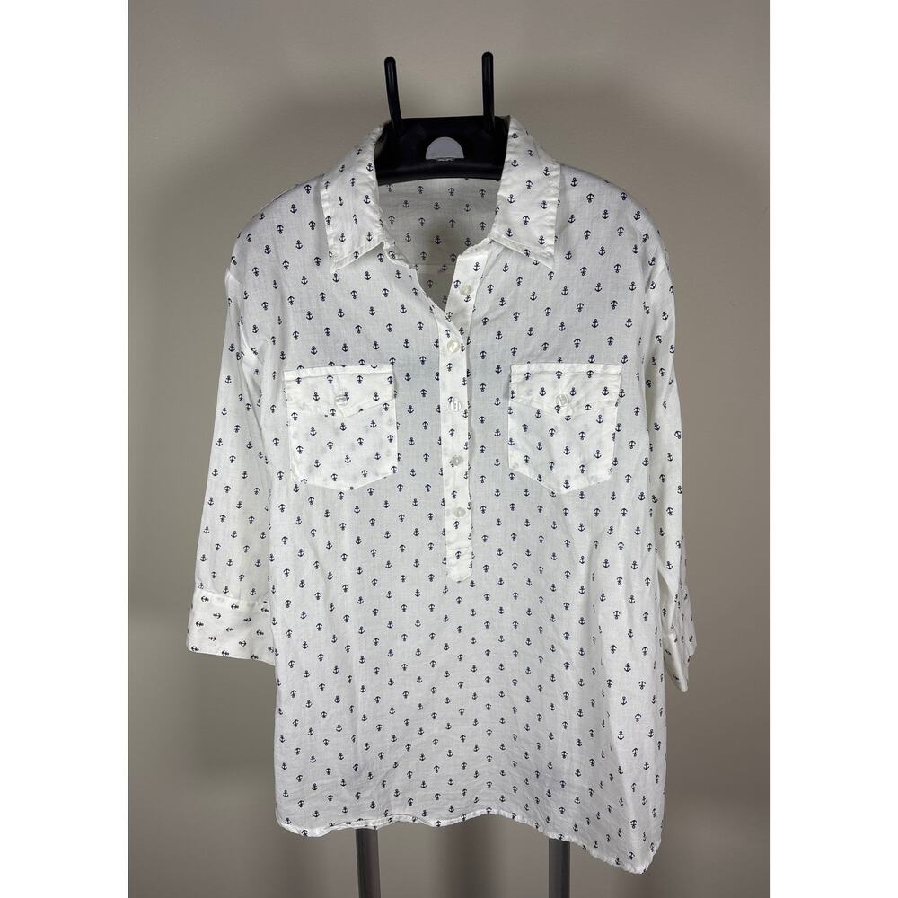 Eden & Olivia White 6 Button Front Collar Shirt Blue Anchor Print Women's Sz L